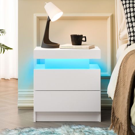 MEUBLIV Mesita de noche 50x53x36 cm blanca – LED regulable, 2 cajones, almacenaje (1/5)