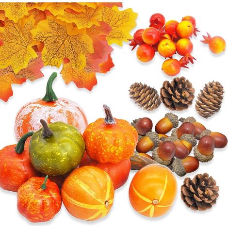 Herbstdeko Set 96 Teile: Künstliche Kürbisse, Ahornblätter, Zapfen, Eicheln (1/5)
