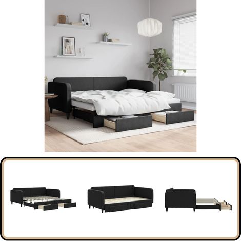 Tagesbett Ausziehbar mit Schubladen Schwarz 100x200 cm Stoff - Sofa Bett - Schlafcouch - Gästebett - Daybed - Aufstellbett