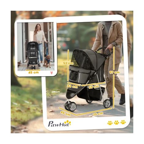 Chariot pour chien et chat pliable, sombre gris, jusqu'à 10 kg, avec coussin, fenêtres en filet, porte-gobelet, sac de rangement, poussette pour animaux. (1/5)