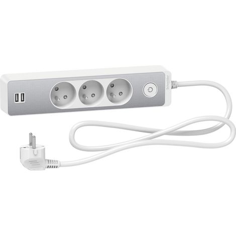 Cable alargador Odace de 3 tomas con 2 conectores USB, 1,5 m, blanco + aluminio cepillado ST933U1WA