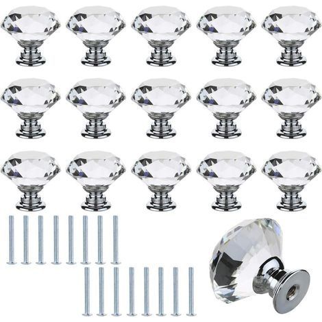 16pcs 30mm Boutons de Porte de Placard Cristal Tiroir de Porte Poignée à Diamant Clair Bouton de Meuble en Verre Transparent Moderne Décoration pour Cuisine Commode Table de Chevet avec Vis (1/5)