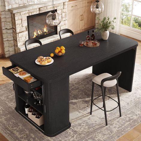 Îlot de cuisine 120x60x91cm noir en MDF et métal, avec tiroir, porte-bouteilles 3 places et portes coulissantes à lamelles, au style moderne (1/5)