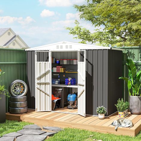 2,7 m² großer, verzinkter Stahl-Gartenschuppen mit 4 Lüftungsöffnungen und 2 Klarsichtfenstern, Geräteschuppen mit Schrägdach, abschließbare Doppeltüren (inkl. Schlüssel und Handschuhe), dunkelgrau