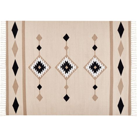 Alfombra kilim de algodón beige negro blanco 160 x 230 cm a mano reversible Berdik