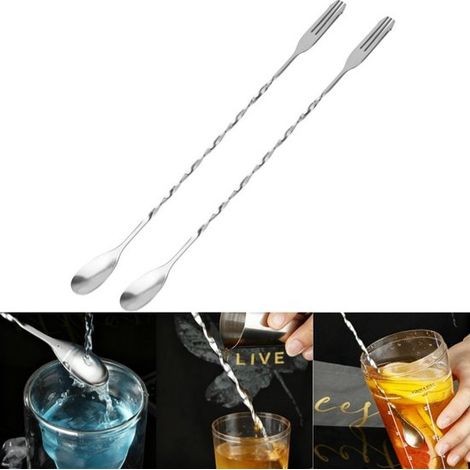 Set di 2 cucchiai da bar, agitatore per cocktail, cucchiaio da bar in acciaio inox per mescolare, guarnire e aromatizzare le bevande, antiscivolo, antiruggine, argento, 26 x (1/5)