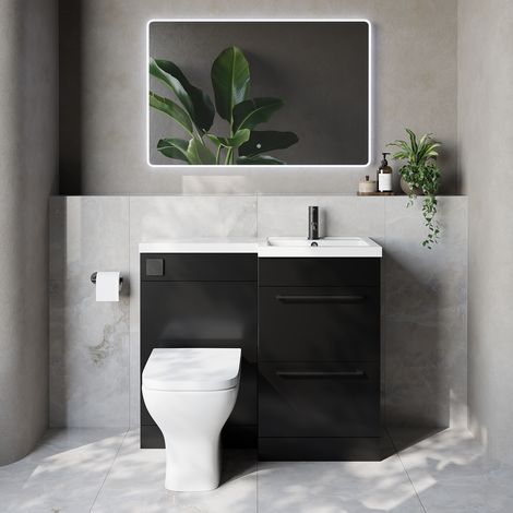 Napoli 390 Matt Black 1000mm 2 Drawer Vanity Unit Toilet Suite with Right Hand Square Lucia Basin - 1000mm - Matt Black 320mm HandleWith Kingston Toilet Pan and Seat