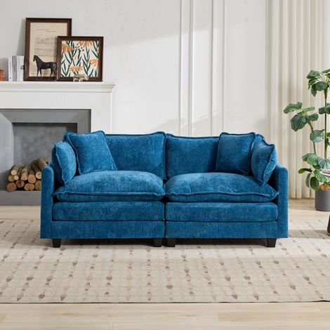 Sofa aus blauer Chenille, modular, mit doppelt gepolsterter Sitzfläche