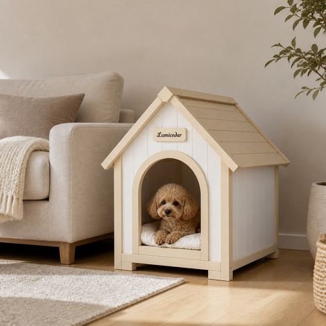 Cuccia per cani 60x55x70 cm in legno FSC bianco crema, cuscino lavabile – MEUBLIV (1/5)