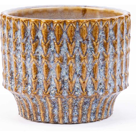 Cache-pot en céramique rustique bleu et marron avec motif relief Ø 10,8 x H 9 cm - PANGIVO