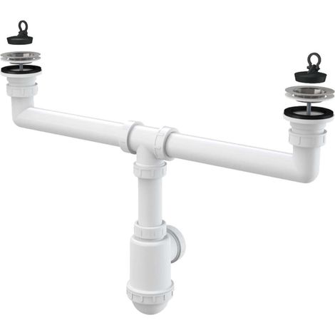 Alcaplast – Siphon évier à deux bols – Filtres en acier inoxydable – Évacuation Ø50/40mm – Débit 83,4l/min – Corps à deux sorties