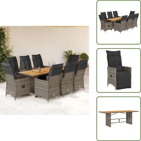 The Living Store Ensemble de bistro de jardin 9 pcs coussins gris poly rotin - Salon De Jardin - Set De Salon De Jardin - Fauteuil Inclinable - Mobilier De Jardin - Table Basse