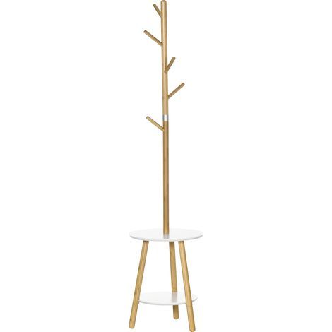 Porte-manteau avec table d'appoint de style scandinave, 5 patères, 39,5 cm x 39,5 cm x 171 cm, naturel et blanc (1/5)