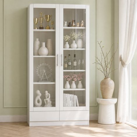 Armoire vitrée avec 2 tiroirs, meuble de rangement haut pour bureau, présentoir à figurines, buffet blanc, dimensions 80x40x160 cm (1/5)