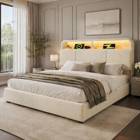 Cama doble 140x190 cm tapizada en terciopelo beige con cabecero regulable con almacenaje, LED, USB y somier de láminas (1/5)