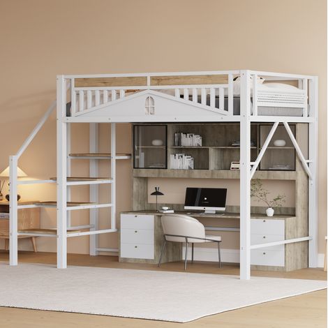 Cama alta 140x200 cm blanca de metal y madera con escalera segura y espacio inferior (1/5)