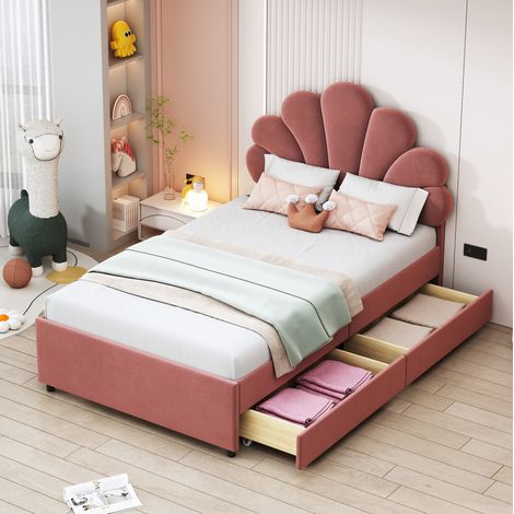 Polsterbett Kinderbett 90x200 cm Rosa mit Blumenkopfteil, 2 Schubladen & Lattenrost (1/5)