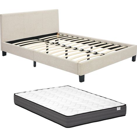 Letto 140 x 190 cm - Tessuto - Beige + Materasso - CORNELIUS II