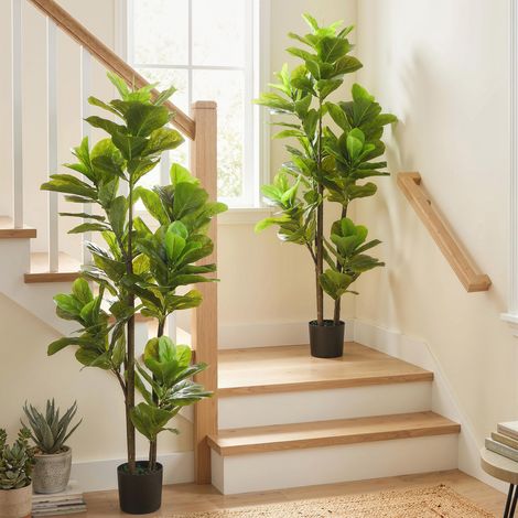 Lot de 2 plantes artificielles intérieures 150 cm. fausse plante à figuier lyre avec pot en ciment. vert