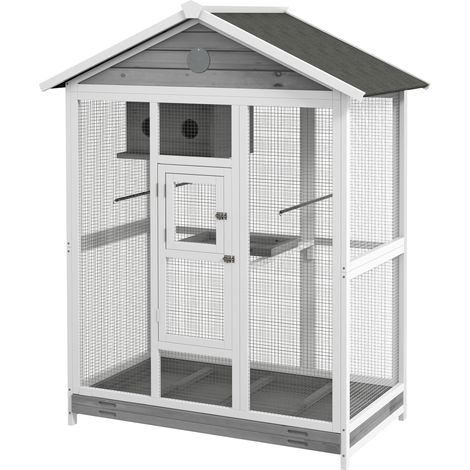 Cage à oiseaux en bois 4 perchoirs toit asphalte étanche 112x68x154 cm grand volière extérieur (1/5)