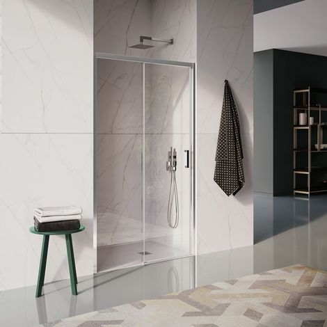 Samo - Paroi douche coulissante 2 panneaux 117-121 cm profilé chromé brillant verre transparent Droite - Cee Art SP