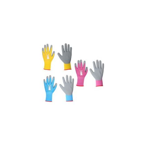 Lot de 3 paires de gants de jardinage pour enfants, gants de travail en caoutchouc pour enfants, rose, bleu et jaune, motif lapin (1/5)
