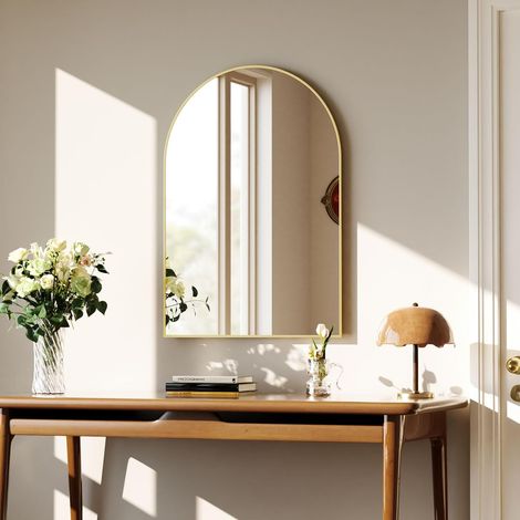Miroir Doré 51 x 76 cm Miroir Mural Semi-Circulaire Décoratif en Arc avec Cadre en Aluminium pour Salle de Bain, Couloir, Salon, Chambre à Coucher (1/5)