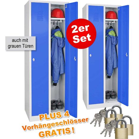 BRB 2-er Set Kleiderspinde mit 2 Abteilen á 300 mm, BxTxH 600x500x1800 mm - inkl. Vorhängeschlösser
