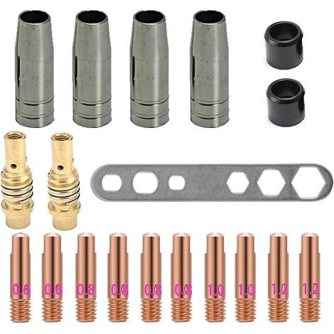 Kit de 19 pièces de consommables de soudage MIG MAG 15AK, comprenant des pointes de contact, des buses et des outils. (1/4)