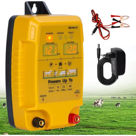 Électrificateur de clôture électrique 12 V avec affichage LED, 1,5 à 3 joules, étanche pour clôture électrique, portée 10 km, pour bovins, moutons, volailles et bétail (1/5)