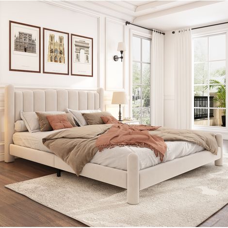 MEUBLIV Lit rembourré 160 x 200 cm en velours beige avec sommier à lattes, tête de lit ondulée et pieds cylindriques (1/5)