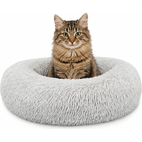 lionto Donut Katzenkissen, rundes Bett mit Plüschbezug & Anti-Rutsch-Boden, erhöhter Rand für Geborgenheit, 40 cm Durchmesser, hellgrau
