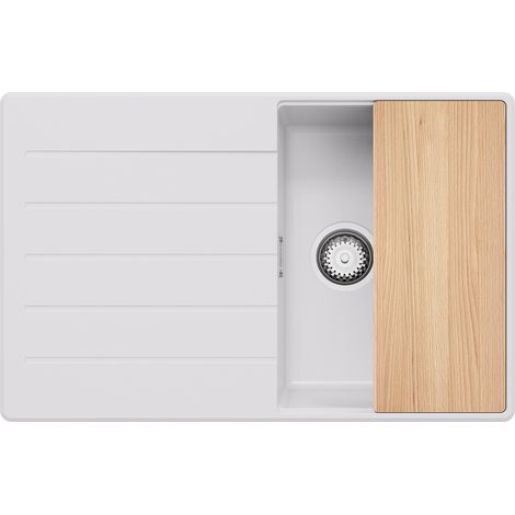 PRIMAGRAN Evier Cuisine en Granit 78x50cm, Lavabo 1 bac + Kit de Vidage + Planche à Découper, Évier à Encastrer au meuble 45cm - Copenhague, Blanc (1/5)