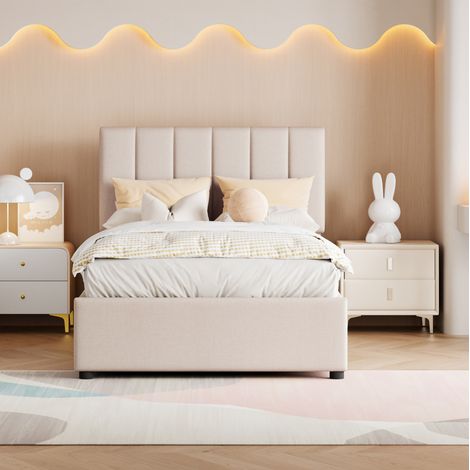 Letto per bambini 90x200 cm beige in lino imbottito con contenitore idraulico (1/5)