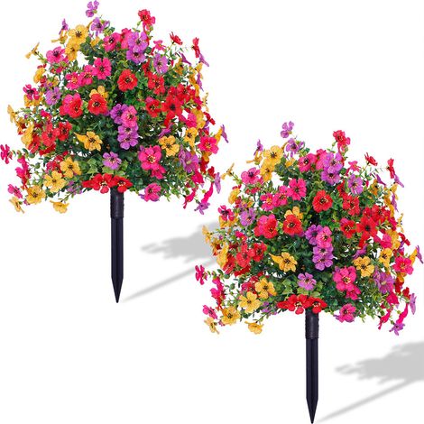 Lot de 2 boules de buis artificielles avec fleurs colorées, piquets de sol, résistantes aux UV, pour jardin, cour, patio, Multicouleur (1/5)