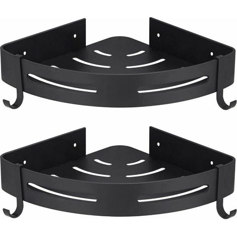 Mensola angolare per doccia nera, senza foratura, per bagno, portasapone per doccia, in alluminio antiruggine, set da 2 con ganci (1/4)