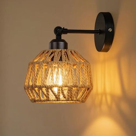 Applique murale décorative rotin et corde de chanvre sans ampoule – luminaire mural E27 rétro pour intérieur chambre et salon (1/5)