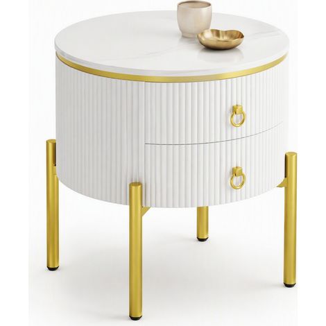 CHICFURN Mesa de centro redonda 50x50x51 cm MDF blanco y dorado, 2 cajones (1/5)