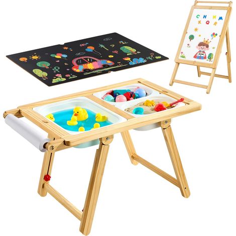 Table Sensorielle pour Tout-Petits, Table d'Activité en Bois pour Enfants, Chevalet d'Art avec Tableau Double Face, Bacs de Rangement, pour Jeux de Sable et d'Eau, Dessin, Apprentissage, Repas (1/5)