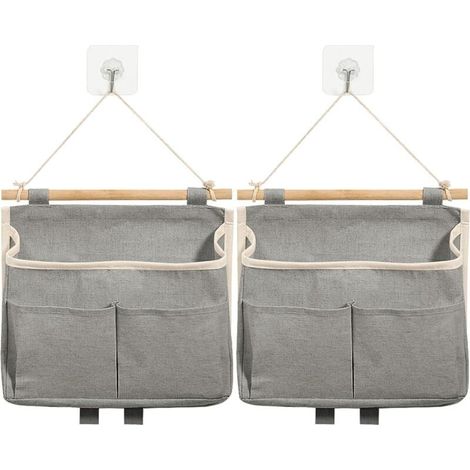 2 Pièces Sac de Rangement Suspendu, Organisateur Mural avec Poche et Crochets, Empilable Tissu Lin Pliable pour Chambre, Bureau, Cuisine (Gris) (1/5)