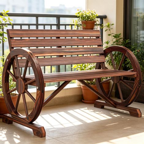 Banc rustique en bois carbonisé de 104 cm (41 po) en forme de roue de chariot, résistant aux intempéries, pour terrasse extérieure, assise à lattes pour 2 personnes avec dossier (1/5)