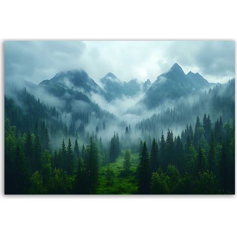 Tableau paysage de montagne brumeuse et forêt verdoyante (1/5)