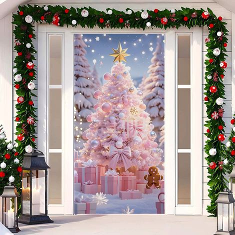Rideau de porte de Noël 2026, bannière extérieure avec fond photo Père Noël et chien, tissu à suspendre - 90 x 180 cm (œillets + ruban) - 59