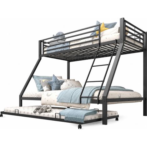 Lit superposé en métal 90x200 et 140x200 cm avec lit gigogne 90x190, 3 couchages, charge totale 550 kg, noir - CHICFURN (1/5)