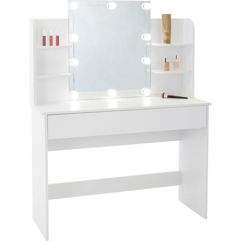 ECD Germany Tavolo da Toeletta Bianco con Illuminazione LED 108x40x140 cm in Legno MDF con Cassetto e Scomparti Tavolo Cosmetico Moderno per Camera da Letto Tavolo da Trucco Specchiera con Luci a LED