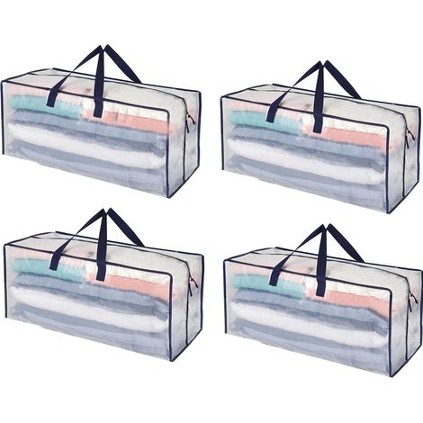 (Transparent, Set of 4)Set of 4 Large Clothes Storage Bags, Foldable Moving Bags with Backpack Straps and Strong Handles, Alternatives to Moving Boxes (1/4)