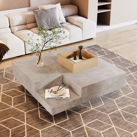 Table basse avec Box de Rangement Amovible, Design Béton Gris et Effet Bois, en Panneaux de Particules, 72×72×30 cm (1/5)