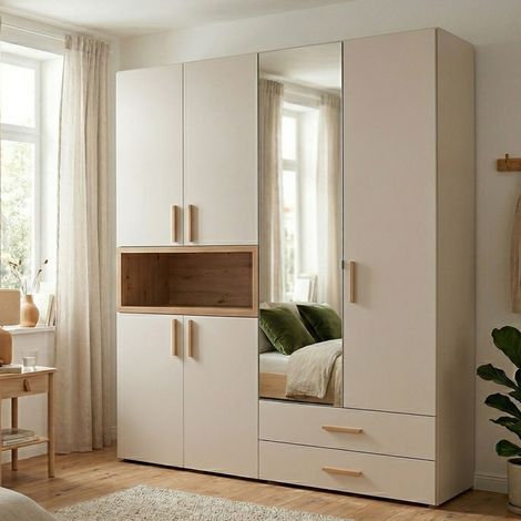 Großer Kleiderschrank Merlino, Schlafzimmerschrank mit 2 Schubladen, 4 Einlegeböden, Kleiderstange, 179x227h cm, Cremeweiß (1/5)