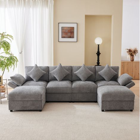 Canapé modular de chenilla gris 284x156,5 cm con 2 pufs y reposabrazos ajustables (1/5)