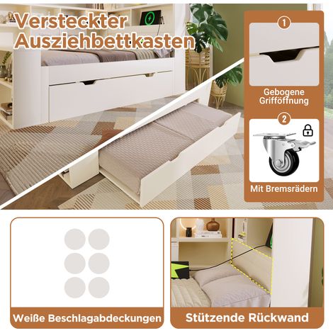 Lit coffre 140x200 blanc bois massif, sommier gigogne escamotable, 8 tiroirs de rangement intégrés, ports USB et Type-C intégrés – Meuble 2 places gain de place pour chambre adulte et enfant, sans mat (1/5)